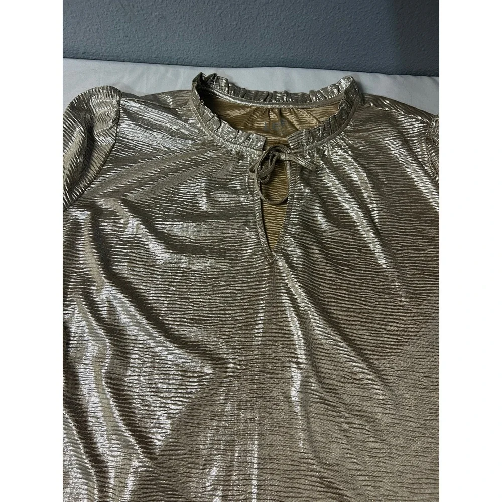 Loft Womens Lg Gold Disco Metallic Plisse Ruffle Neck Long‎ Sleeve Blouse Top